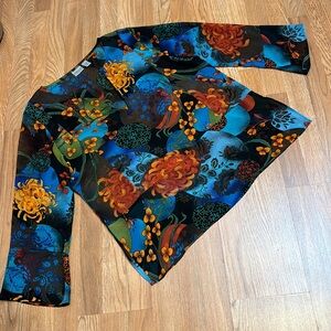Chico’s, long sleeve boho style sheer multicolor silk floral blouse. Size L.